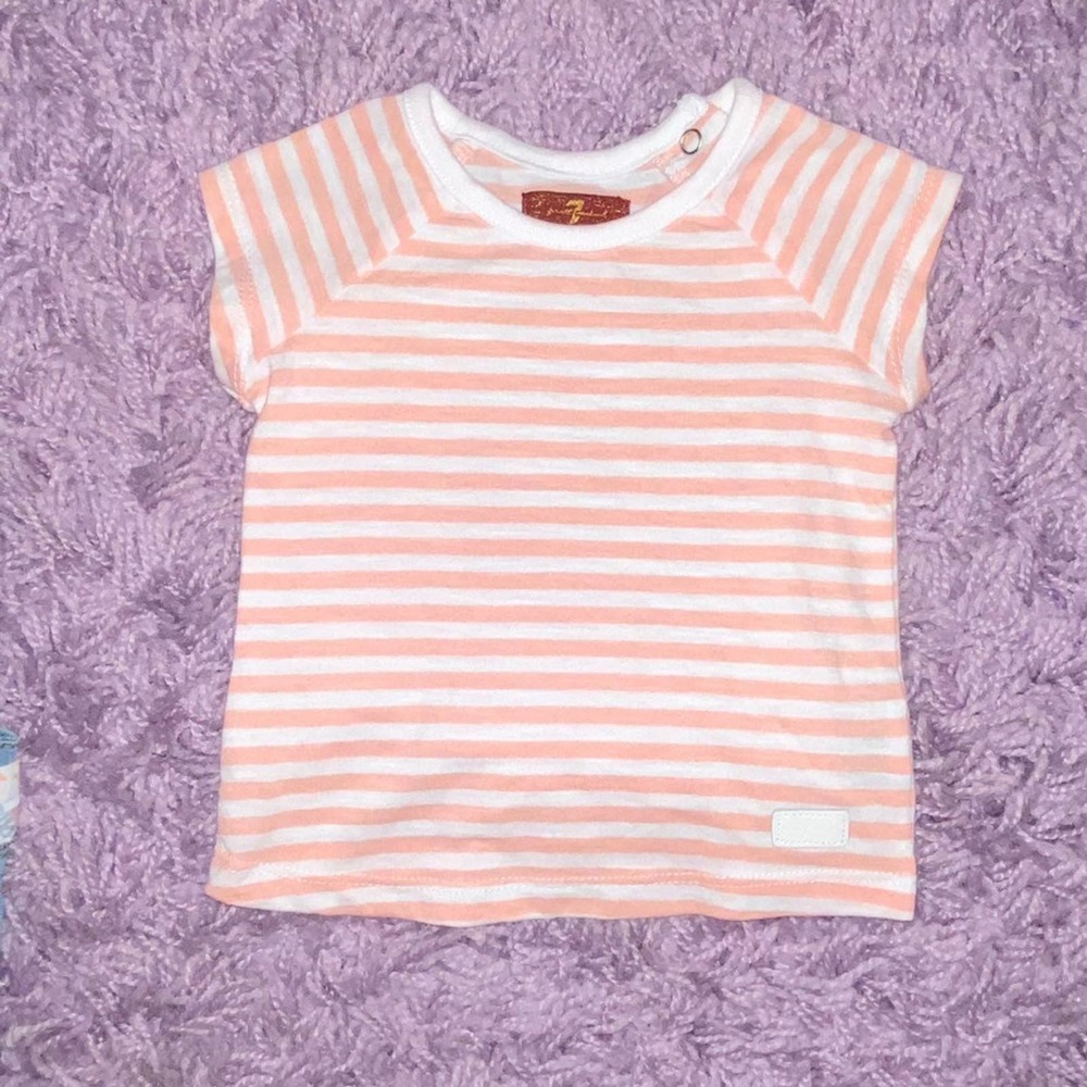 12m Seven for All Mankind Baby Girls Denim Overall Peach Stripe Shirt Outfit Set - Picture 10 of 11